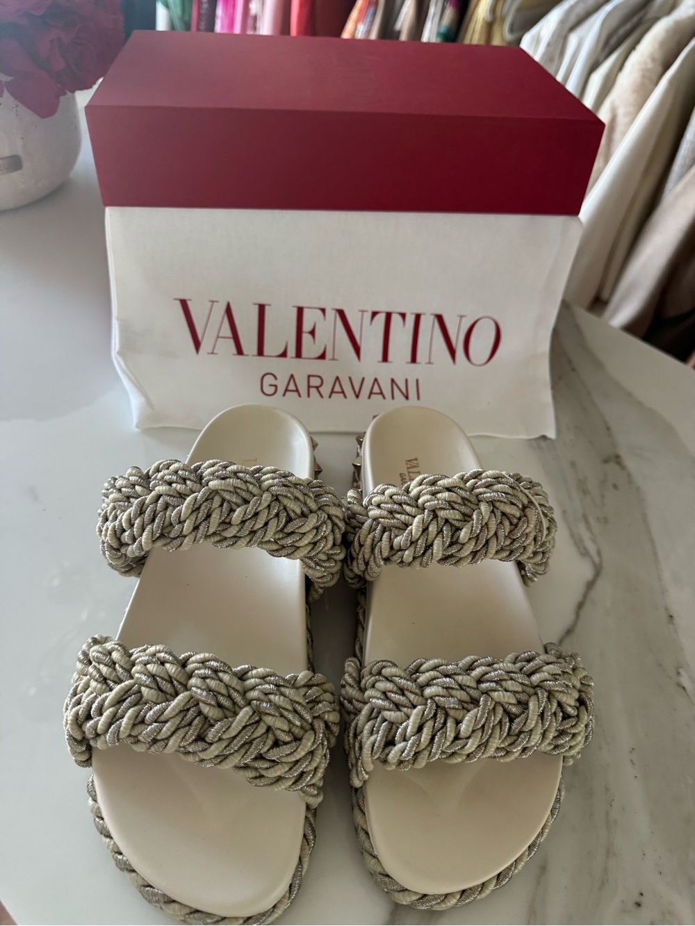 Valentino Garavani Natural Braided Double-Strap Slide Sandals